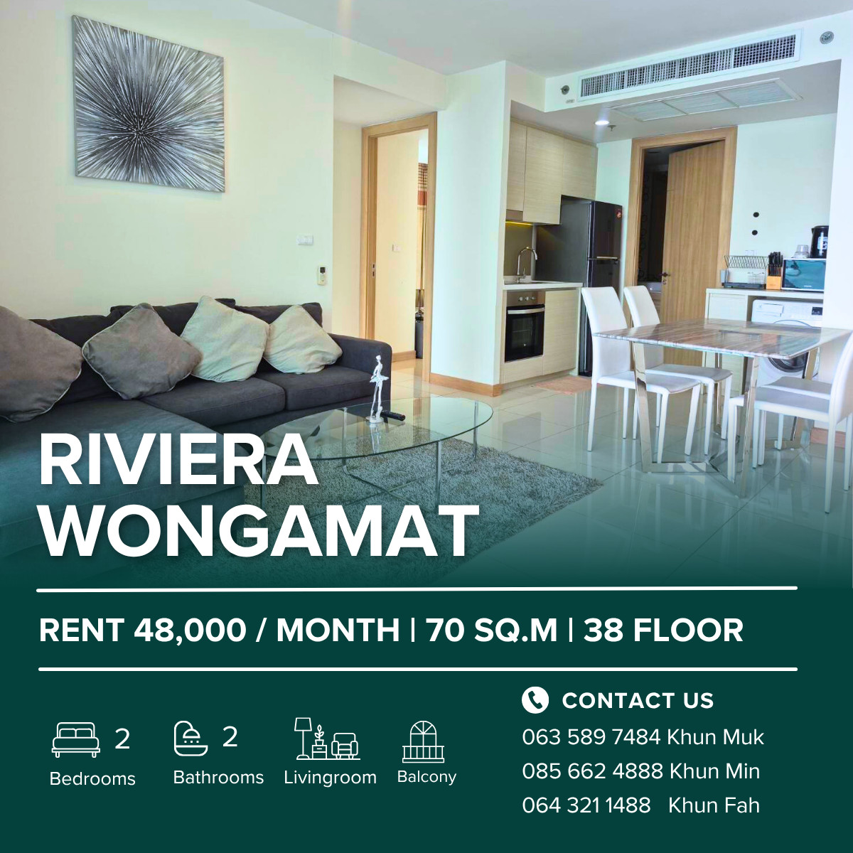 🌊 The Riviera Wongamat – 2 Bedroom Sea View Condo For Rent 🌊 💰 48,000 THB/Month | 70 SQ.M. | 38th Floor | Tower B