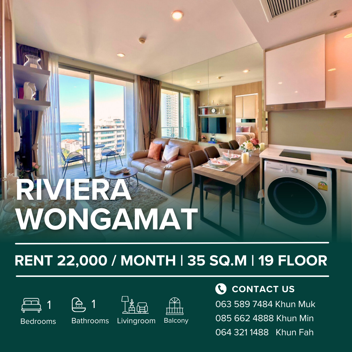 🔥 For Rent – The Riviera Wongamat | 22,000 THB/month | 35 SQ.M. | 19 Floor | City & sea View 🌆