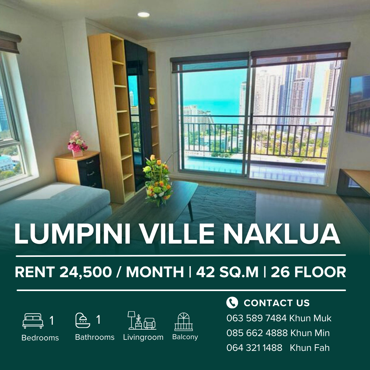 🌊 For Sale / Rent – RENT 24,500 / month | SALE 3.59 MBTH | Lumpini Ville Naklua Wongamat Condo | High Floor | Sea View | Newly Renovated