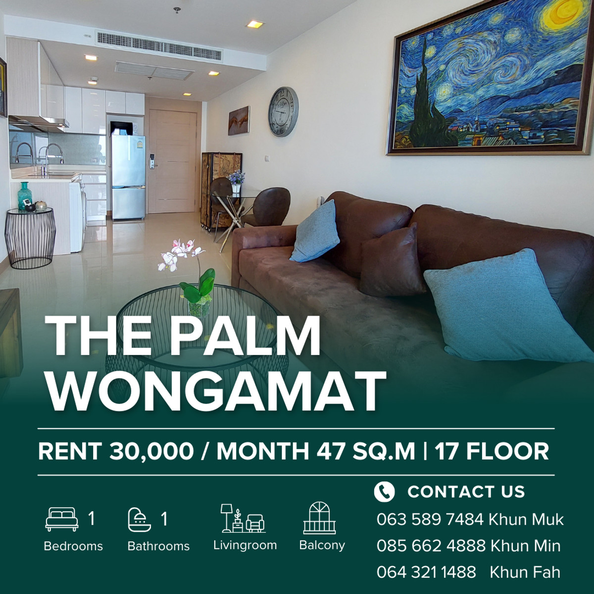 Beachfront Condo for Rent – The Palm Wongamat | 1 Bedroom, 47 SQ.M., 17th Floor | 30,000 THB/Month