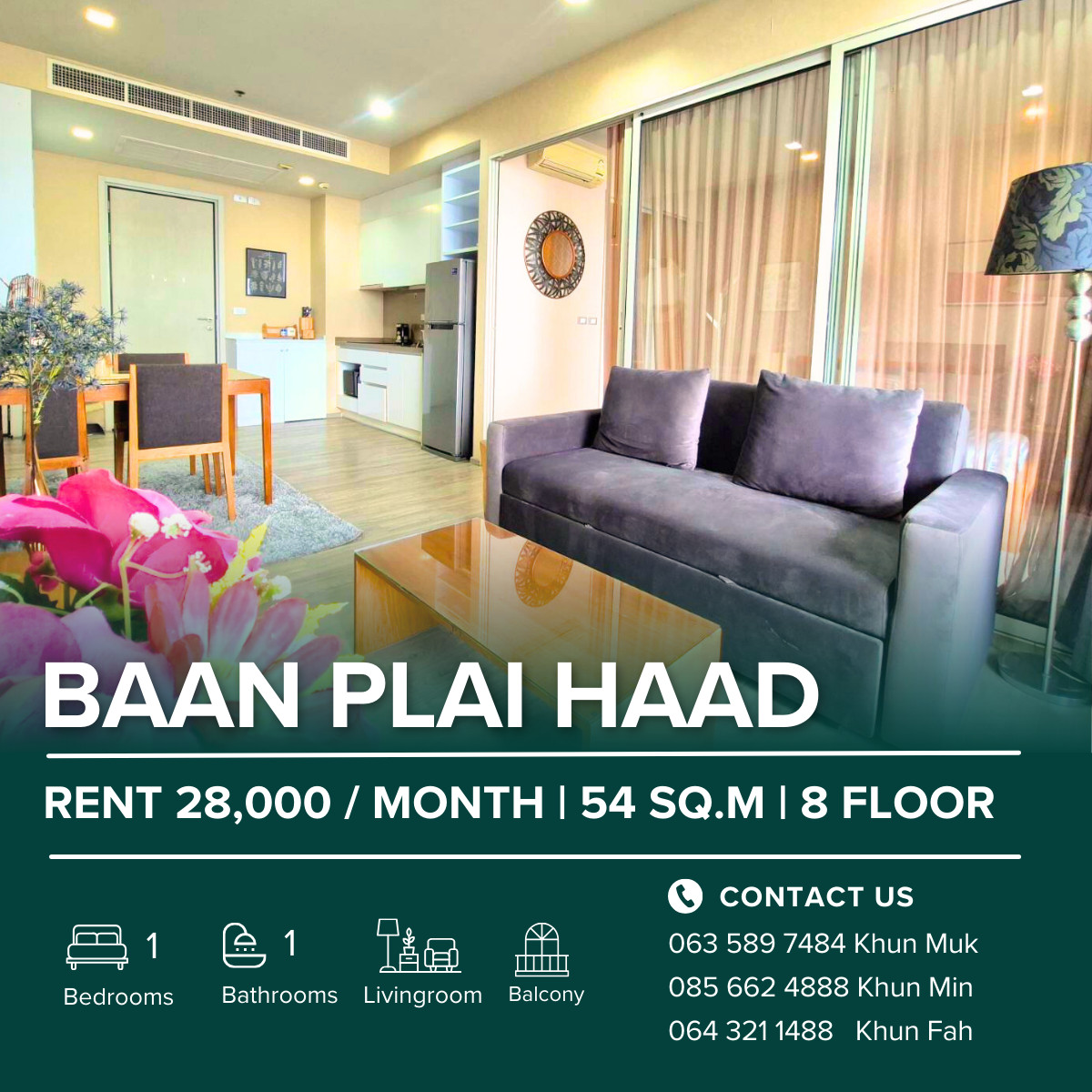 🏖️ Baan Plai Haad Wongamat Condo for Rent | 1 Bedroom 54 SQ.M. | 8th Floor | 28,000 THB/Month