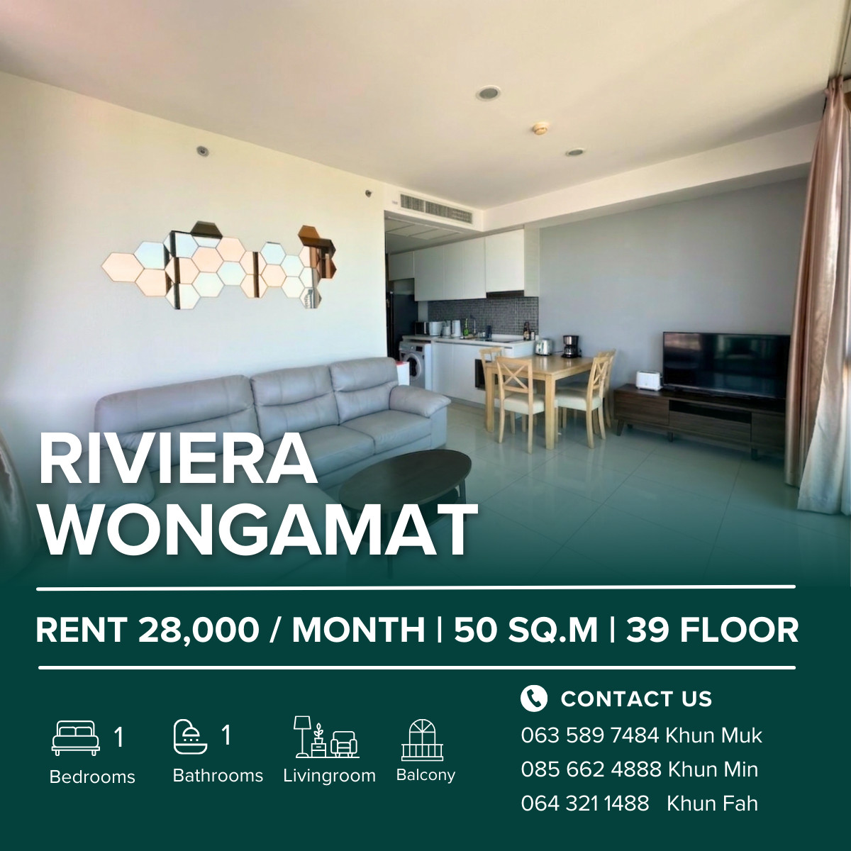 The Riviera Wongamat Beach For Rent 28,000 THB/Month | 1 Bedroom | 50 Sqm. | Sea view | 39 Floor