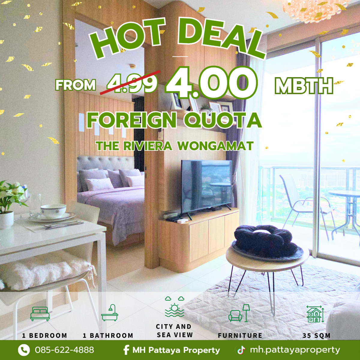 🌊 The Riviera Wongamat – FOR SALE 4 MBTH | Foreign Quota | 35 Sqm.|1 Bedroom | Sea view🔥